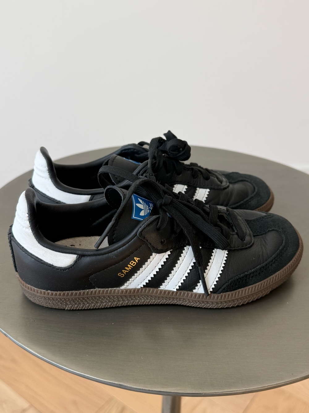 adidas Kids Samba Sneakers in Black, White, Brown Sole